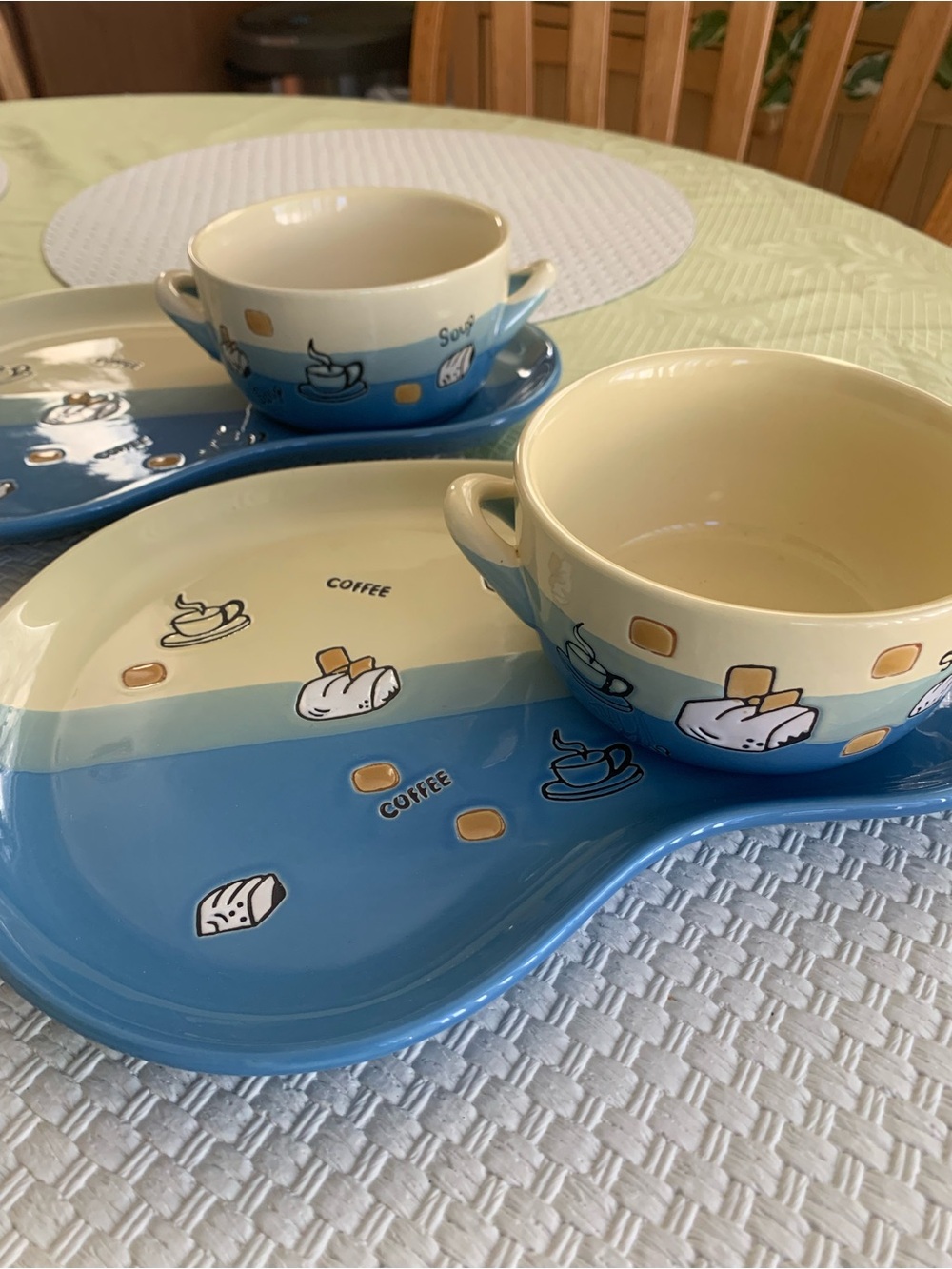 2 sets of Blue Ceramic Soup & Sandwich plate Set with Coffee Motif
